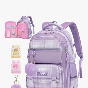 Lavender Plaid Kids Backpack with Pom Pom & matching Lunch Bag